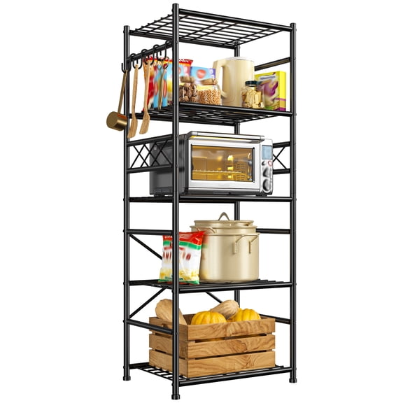5-Tier Metal Shelving Unit with Hooks and Leveling Feet - Sturdy, Wobble-Free Storage Rack for Garage, Kitchen, Pantry , 17.7"W x 11.8"D x 72.2"H, Black