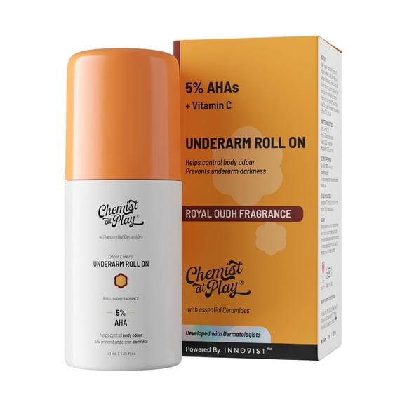Chemist at Play UnderArm Roll-On con 5% de ácido láctico AHA y 1% de ácido mandélico | Previene el olor corporal, ilumina la piel y exfolia las axilas | Para pieles sensibles | Fragancia real de Oudh