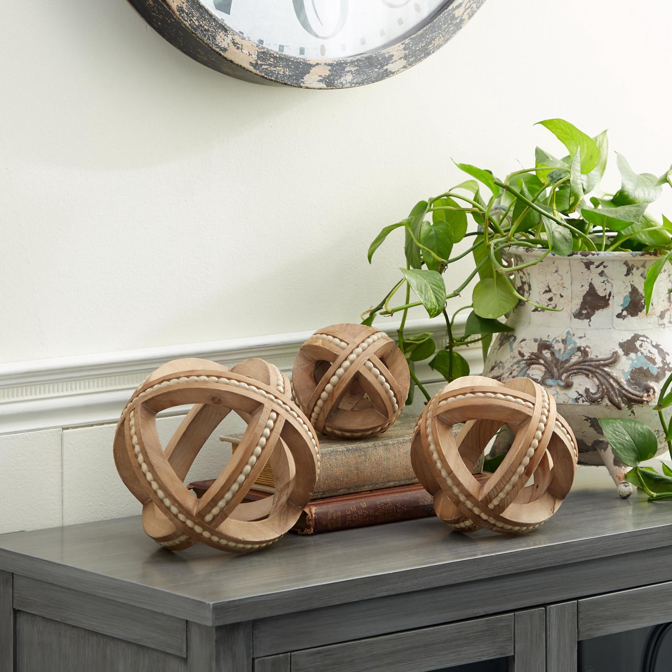 7", 6", 4"H Brown Wood Handmade Beaded Orb Geometric Sculpture, by DecMode (3 Count)