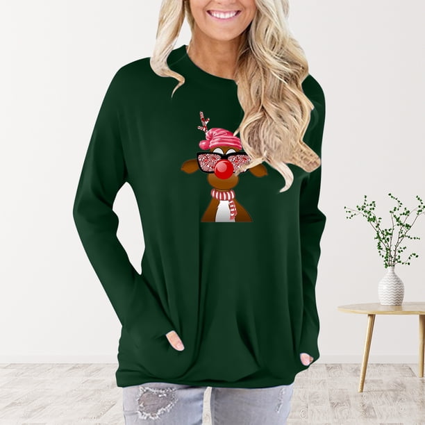 Pntutb Mujer Tallas grandes Casual Cuello redondo Suelto Impreso Bolsillo Manga larga tops Mujer Blusa Pntutb Pntutb-7420