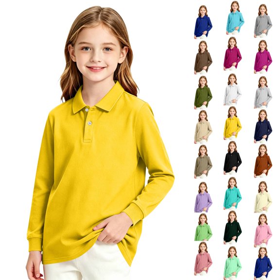 Girls Long Sleeve Pique Polo Shirt Kids Collared Golf Top Breathable Pique Knit 2026 Spring Fall School Uniform Blouse Yellow 9-10Y