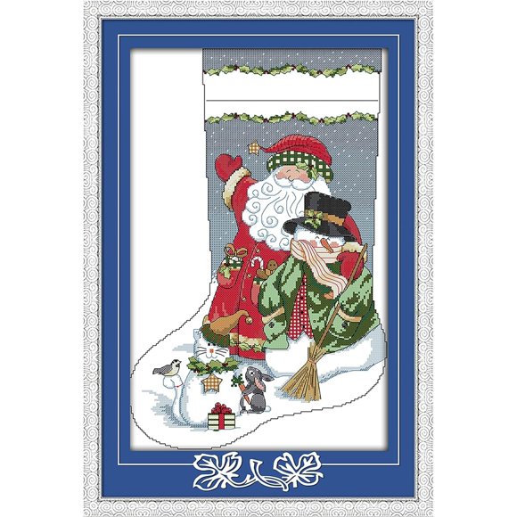 CaptainCrafts Cross Stitch Kits Counted Christmas Stocking Kit Unprinted Fabric Cross Stitch DIY Needlecrafts Embroidery Kit (White, Christmas Stockings, Santa Claus with Snowman)