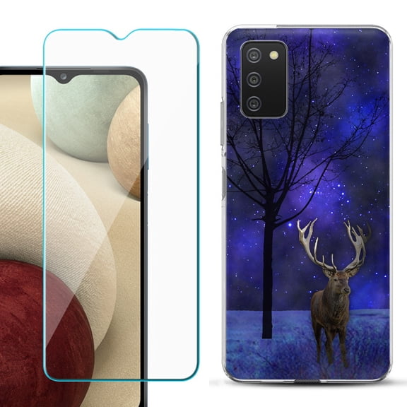 Slim-Fit TPU Fashion Phone Case for Samsung Galaxy A03s, with Tempered Glass Screen Protector, by OneToughShield ® - Midnight Deer
