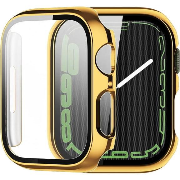 Screen Protector Compatible with Apple Watch 8 7 Case 41mm 45mm Hard PC Plating Bumper HD Tempered Glass Cover for iwatch 8 Series 7 Unisex Smartwatch Band Accessories (41mm, Gold)