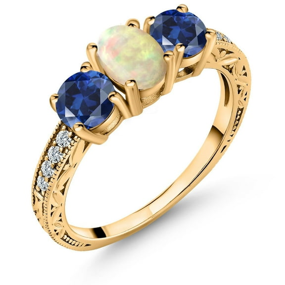 Gem Stone King 1.83 Cttw Oval Cabochon White Ethiopian Opal Blue Created Sapphire 18K Yellow Gold Plated Silver Ring | Wedding Engagement Anniversary Promise Ring for Women | Size 9