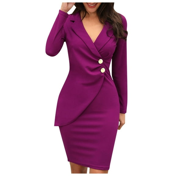 OSOLU Dresses Solid Color Women Autumn Pencil Dress Button Down Career Midi Dress With Form Fitting Trendy Sundress Wedding Guest Dress