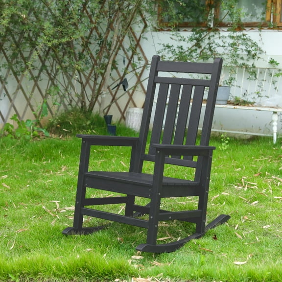 Oversized Rocking Chair with Wood-Texture, Outdoor Rocking Chair for Adults, All Weather Resistant Porch Rocker for Lawn Garden, Black
