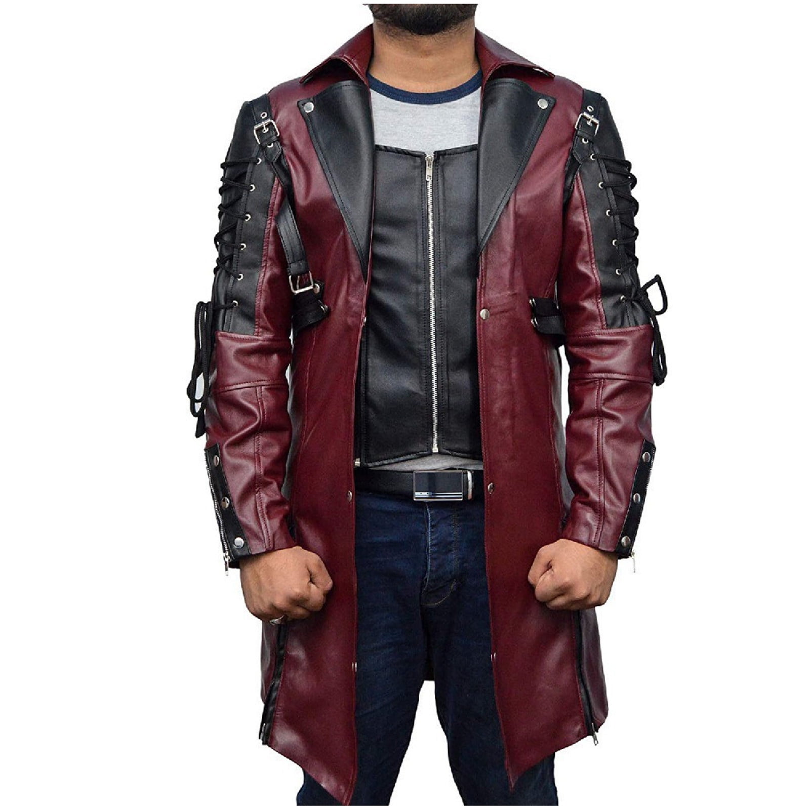 Nmnitkp Leather Jacket Men High Cost Performance Punk Rave Poison Black & Maroon Jacket Mens Faux Leather Goth Steampunk Military Coat Plus Size with Zipper Pockets