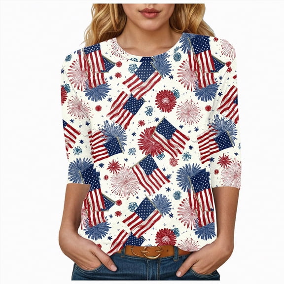 UngA 250th Anniversary USA Shirt Women American Flag 3/4 Sleeve Shirt 4th of July T-Shirt USA Flag Patriotic Tee Tops (Beige,S)