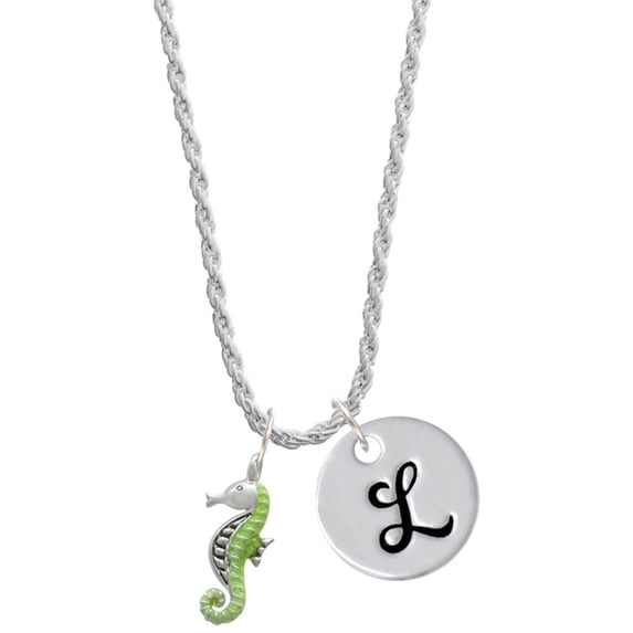 Delight Jewelry Silvertone Lime Green Seahorse Silvertone Script Initial Disc - L - Charm Necklace, 20"+3"