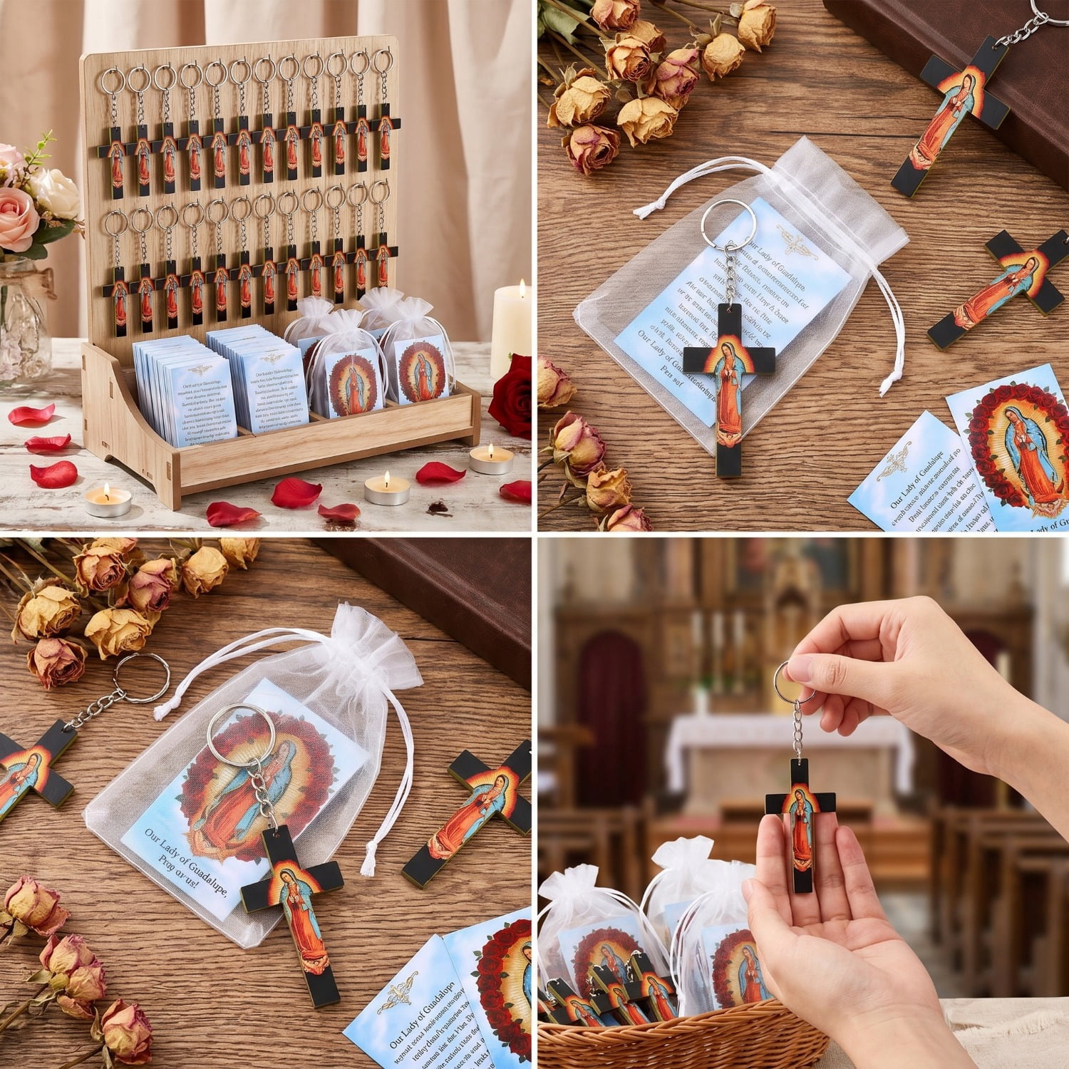 50Set Religious Keychain Gift Set, Featuring Our Lady of Guadalupe Acrylic Keychains Prayer Cards and Organza Bags, Ideal for Weddings Baptisms Spiritual Favors and Religious Events