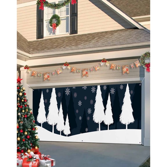 Garage Door Banner Cover 6 x 13 ft, Snow Scene Christmas Tree and Snowflake Christmas Garage Door Decorations Holiday Christmas Backdrop Decor for Winter New Year Xmas Party
