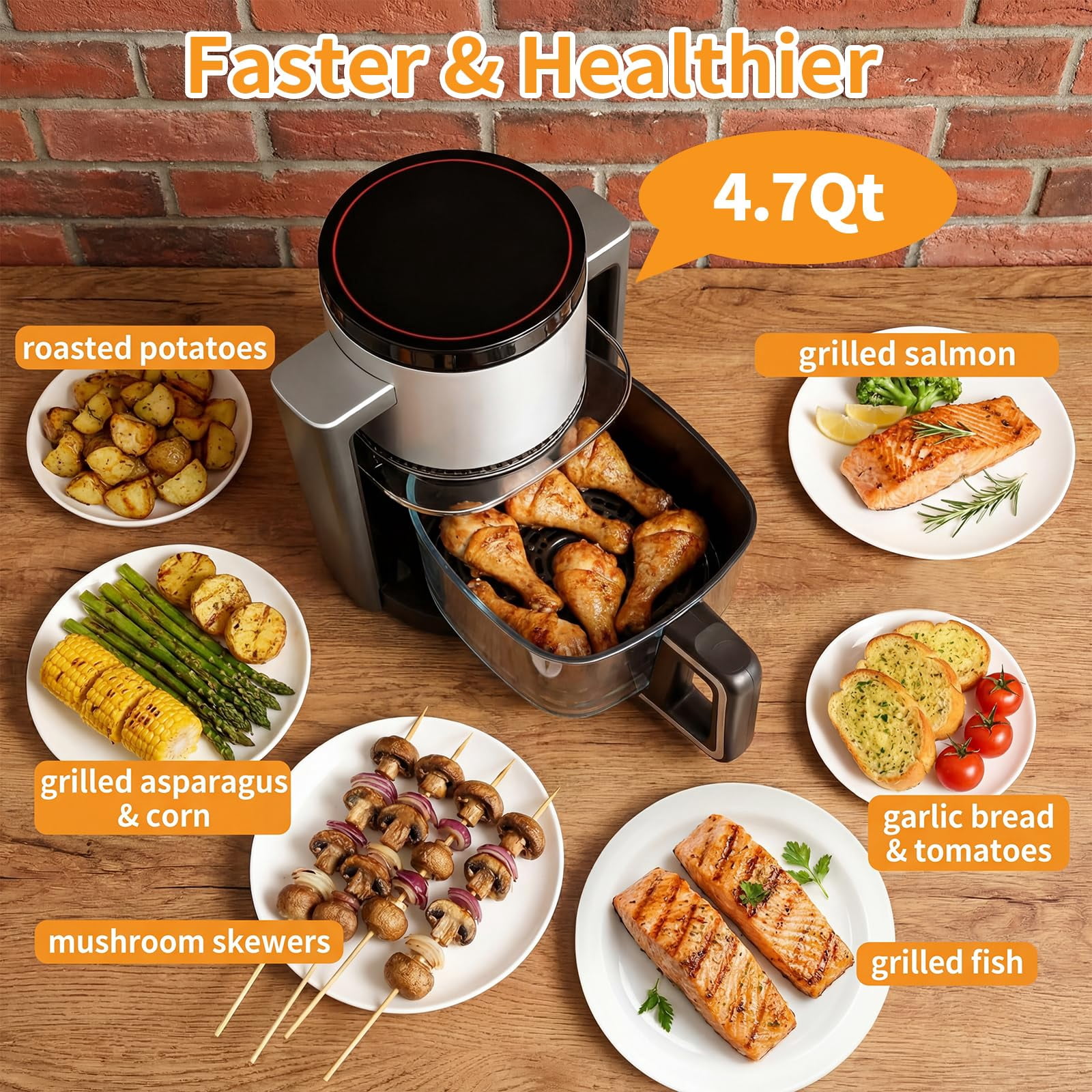 Plum Chef 4.5-Quart Glass Air Fryer, 10-in-1 Compact Airfryer with 360° Visibility and Dishwasher-Safe Glass Basket, 1300W, Black