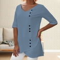 thumbnail image 2 of Yubnlvae Blue Women's Spring Summer V Neck Tie Button Imitation Linen Breathable Loose Front Split Five Quarter Sleeve Top, S, 2 of 5