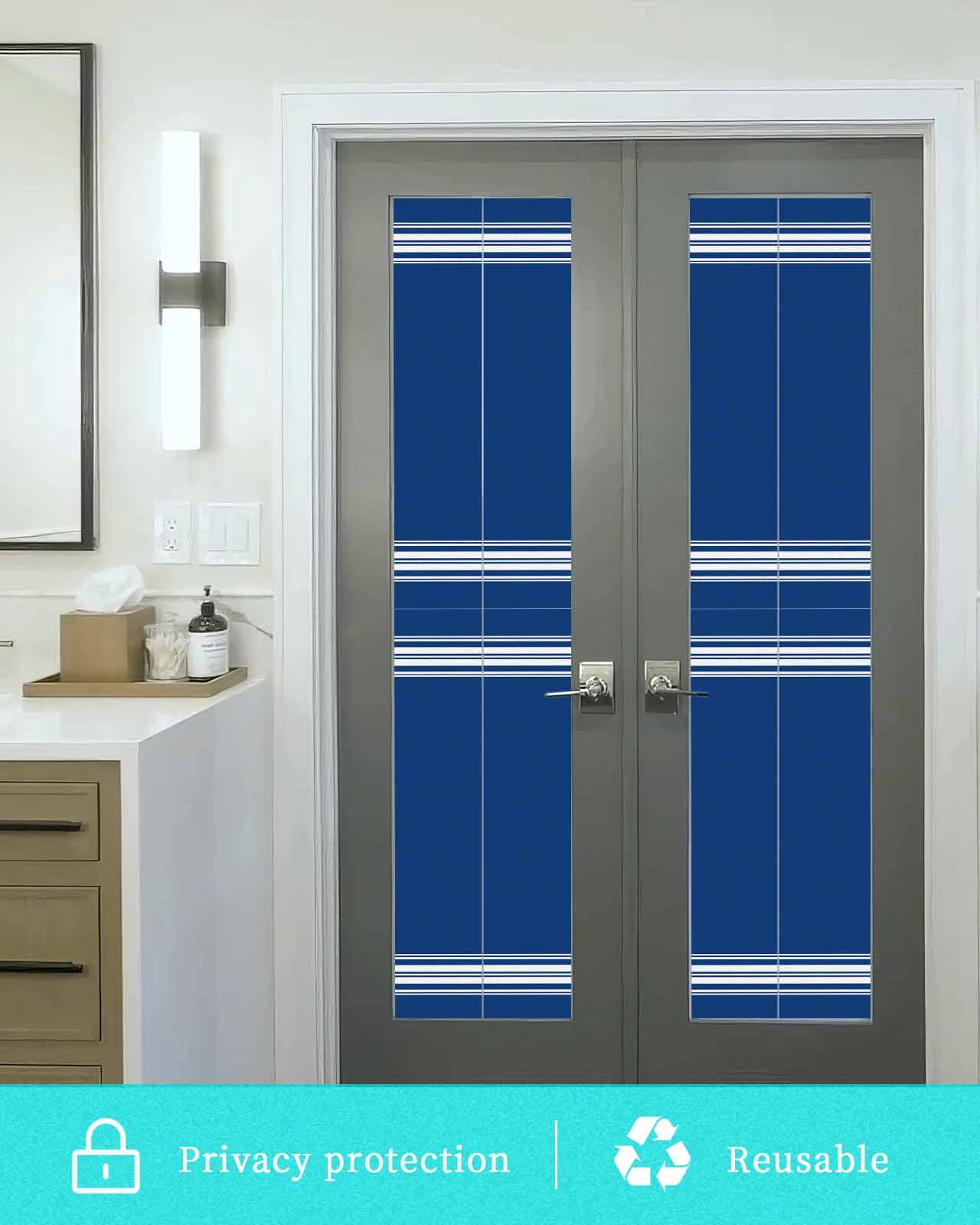 Window Privacy Film, Blue Stripes UV Sun Blocking Window Tint Film Heat Control One Way Blackout Window Film, Farmhouse Modern White Vertical Lines Non Adhesive Static Cling Sticker 17.7x78.7 In