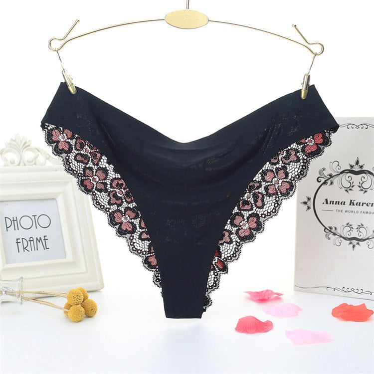 MRULIC intimates for women Panties Lingerie Women Lowwaist Briefs Lace  Thong GString Embroidery Black + One size 