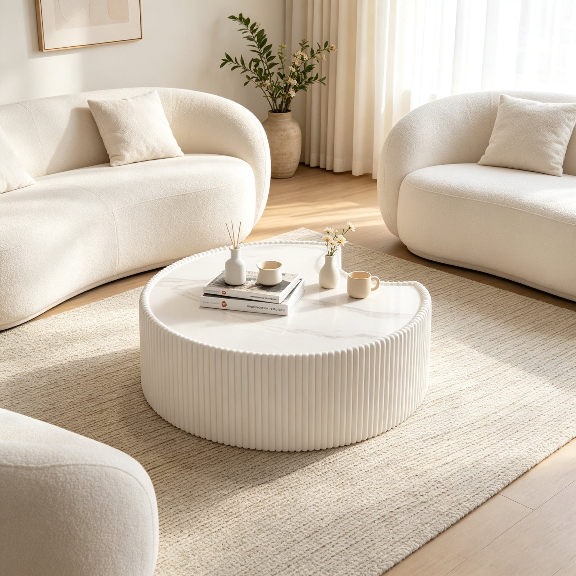 Sintered Stone Coffee Table 29.53 Inch, Irregular Shape Leather Top for Living Room Office, Cream White