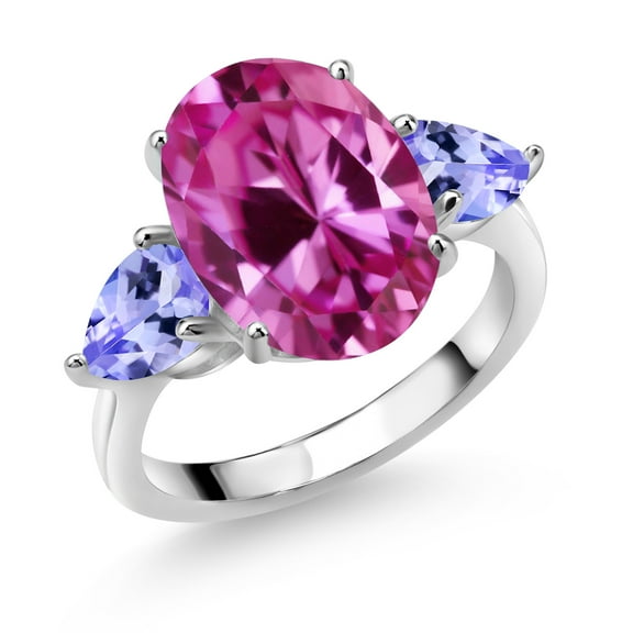 Gem Stone King 925 Sterling Silver Pink Created Sapphire and Blue Tanzanite Ring for Women (7.32 Cttw, 14X10MM Oval and 7X5MM Pear Shape, Gemstone September Birthstone, Size 6)