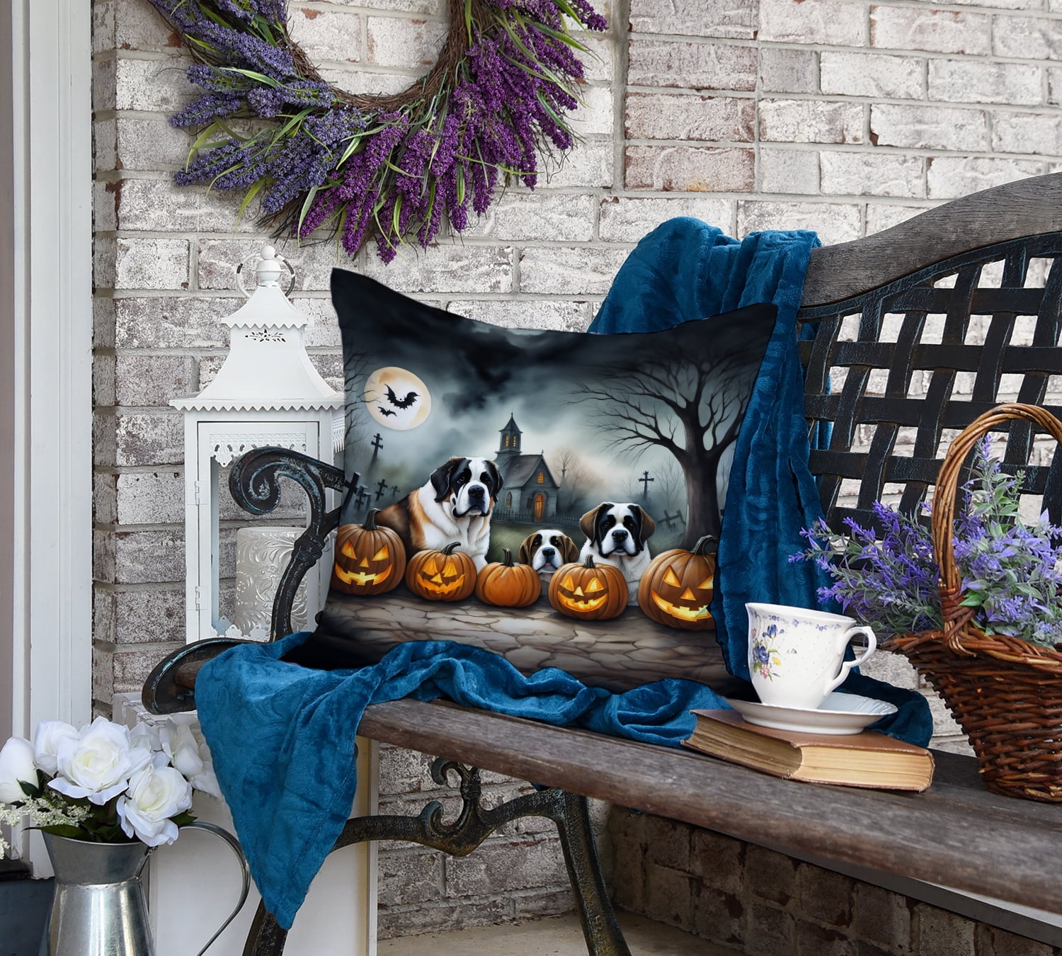Saint Bernard Spooky Halloween Fabric Decorative Pillow 18 in x 18 in