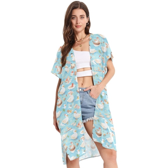 Beach Vacation Clothes Kimono Cardigan Loose Swimsuit Cover Up for Women Cute Ducks Play Water S