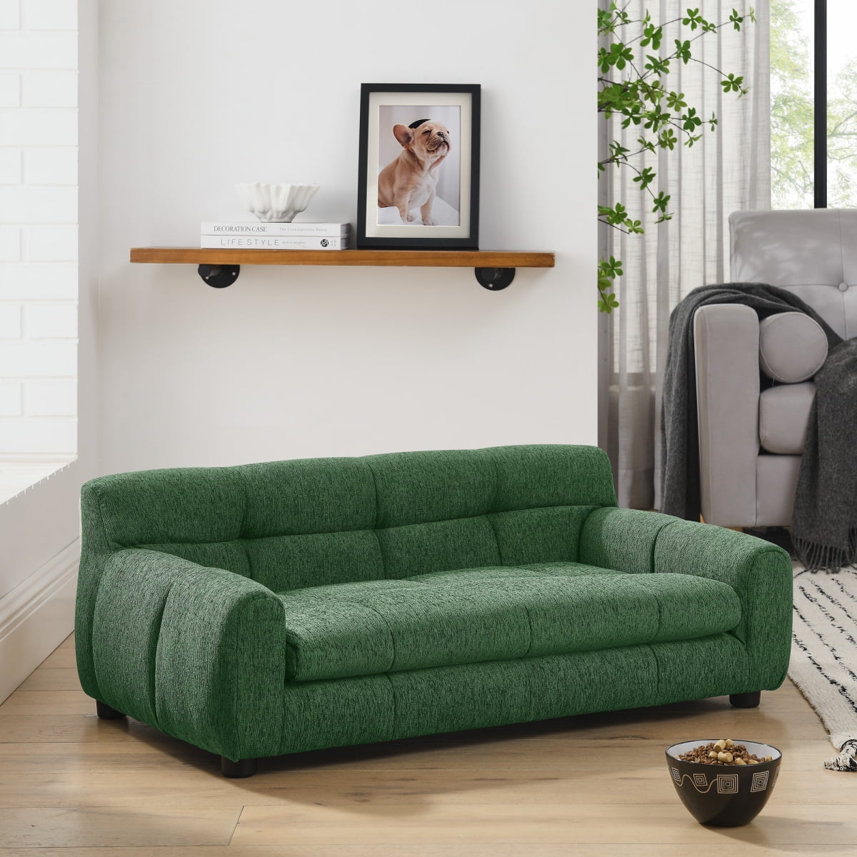 Dog Sofa for Large Dogs, Orthopedic Pet Couch with Backrest and Armrests, Soft Linen Pet Bed for Medium Dogs, Modern Rectangular Pet Furniture, Green
