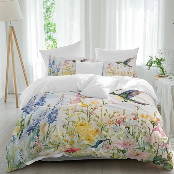 3 Piece Floral Hummingbird Duvet Cover Set California King, Microfiber Comforter/Quilt Cover with Corner Ties and 2 Pillowcases, Spring Watercolor Flowers All Season Soft Bedding with Zipper Closure