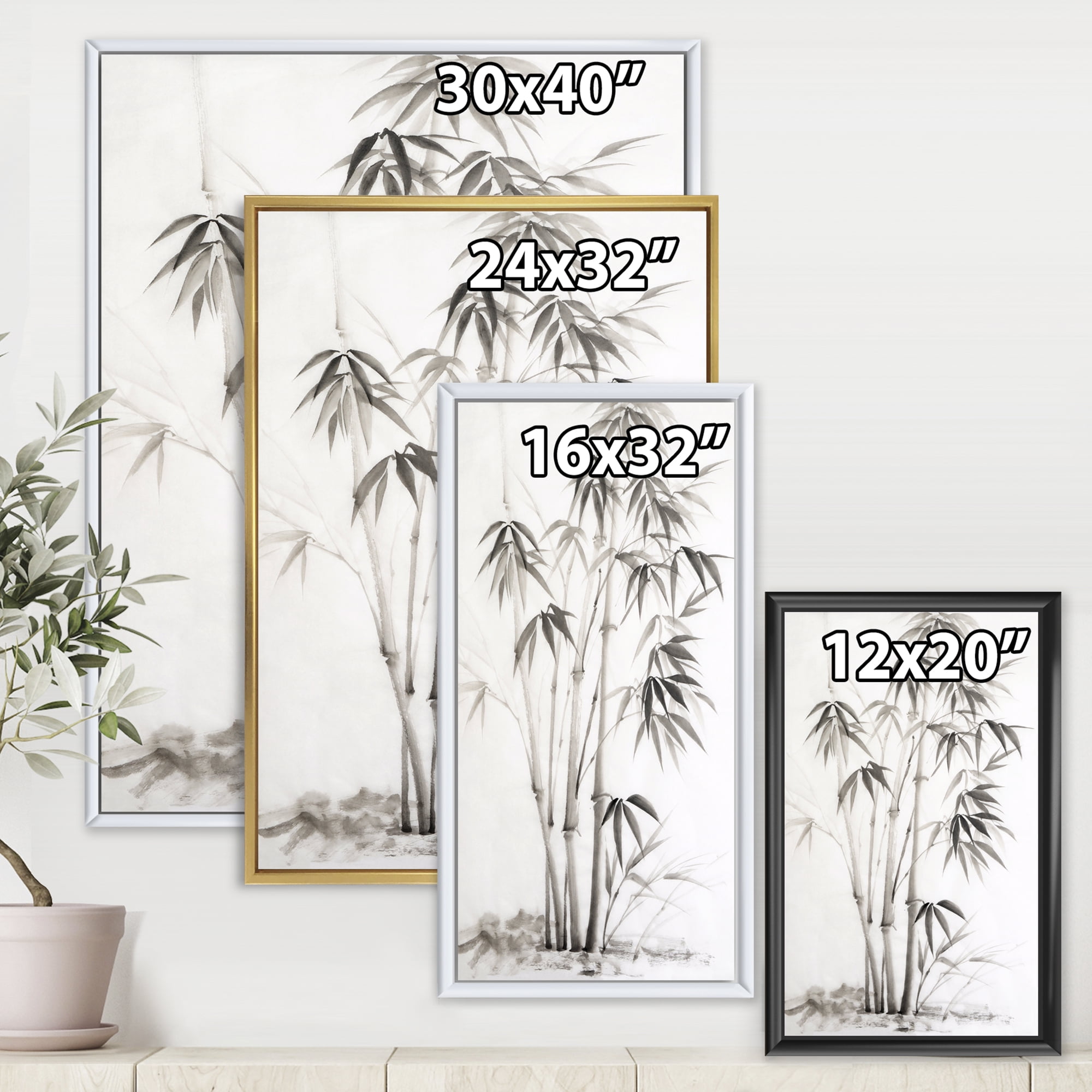 Designart 'Vintage Black and White Bamboo II' Traditional Framed Canvas Wall Art Print