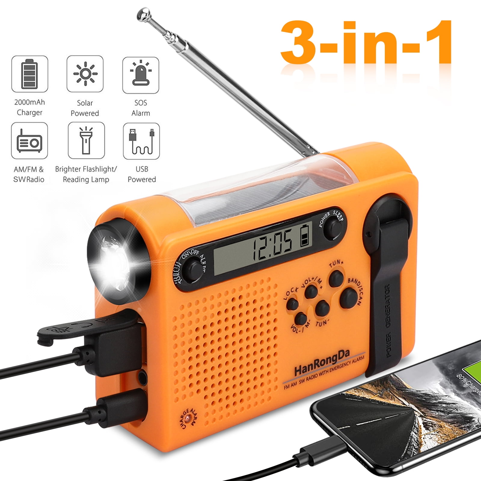 Emergency Weather Solar Crank AM/FM NOAA Radio with Portable 2000mAh Power Bank Bright Flashlight and Reading Lamp for Household Emergency and Outdoor Survival 