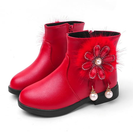 

YOHOME Girls Boots Infant Kids Baby Princess Pearl Floral Leather Shoes Winter