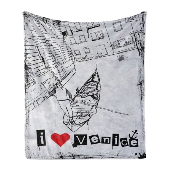 Grunge Soft Flannel Fleece Throw Blanket, Gondola Silhouette on Venetian Canal with I Love Venice Frame Illustration, Cozy Plush for Indoor and Outdoor Use, 70" x 90", Red Black White, by Ambesonne