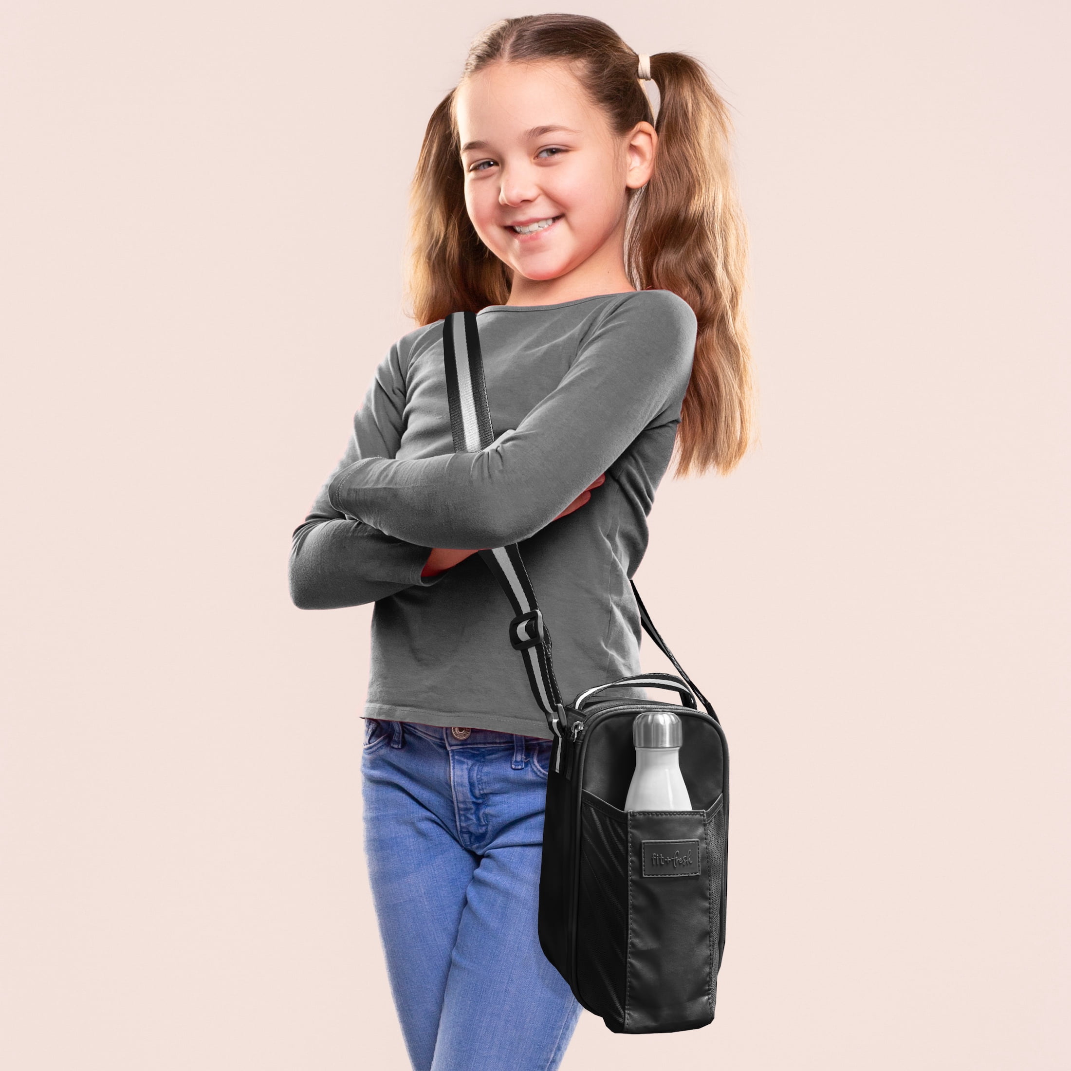 Fit + Fresh Nina Water Bottle Bag, Insulated Crossbody Lunchbox for Kids and Tweens, Black