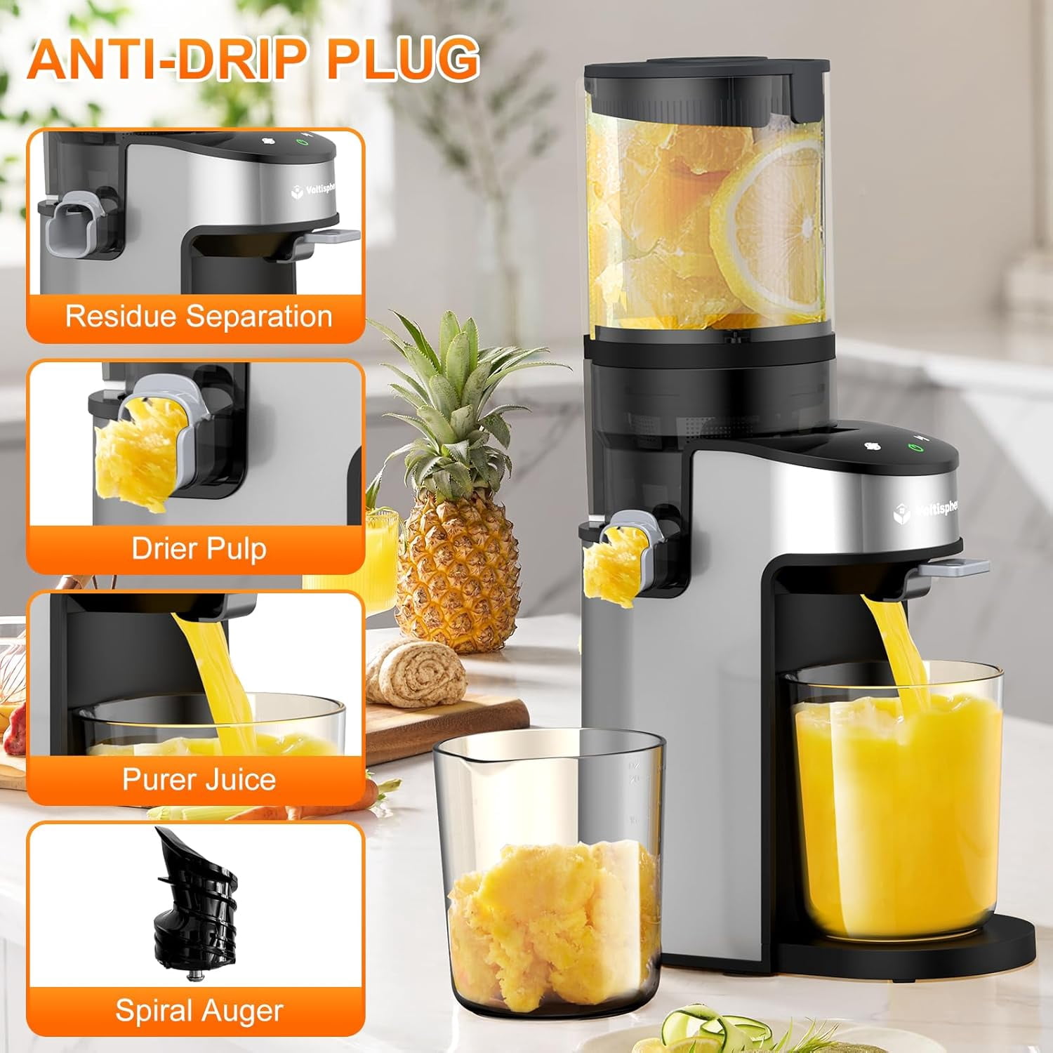 CFR637 Cold Press Juicer , 400W Slow Masticating Juicer with Wide Feed Chute for Whole Fruits and Vegetables, Easy to Clean Silver