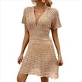 thumbnail image 3 of Vestido de Crochet para Mujer, de Corta y Cuello en V, Ideal para Verano. Caqui L, 3 of 10