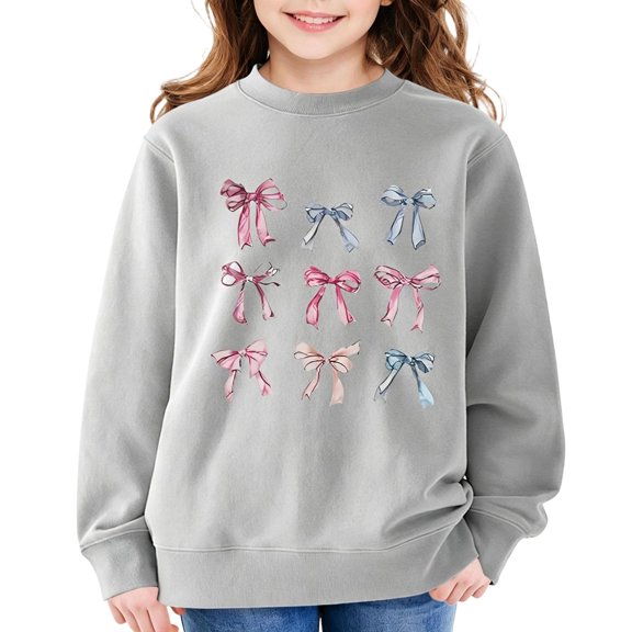 Maqroz Girls Sweatshirts Graphic Pullover Tops Ribbon Bow Print Fall Winter Warm Kids Casual Activewear Long Sleeve Crew Neck School Vacation Clothes Daily Streetwear Size 2-13 Years