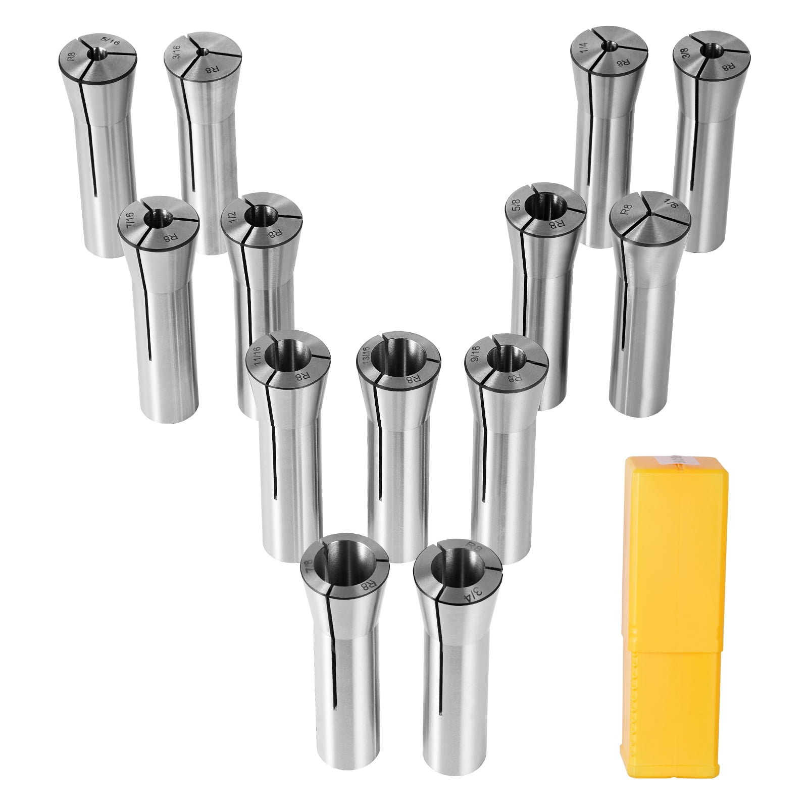 SKYSHALO 13-Piece R8 Collet Set, Sizes 1/8'' to 7/8'', Crafted from 45# Steel, Precision within 0.0012''/30μm TIR, Includes Labeled Storage Cases, Suitable for Milling Machines, Drill Presses