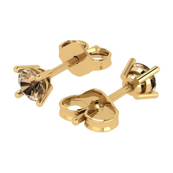 0.2 Ct Round Cut Studs Champagne Crystal 14K Yellow Solid Gold Everyday Dainty Earrings Push Back