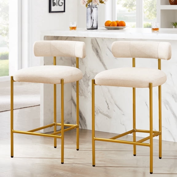 BRILHAMEZ Modern Counter Height Bar Stools with Backrest, Upholstered PU Faux Leather Dining Chairs with Gold Metal Frame, Beige, Set of 2