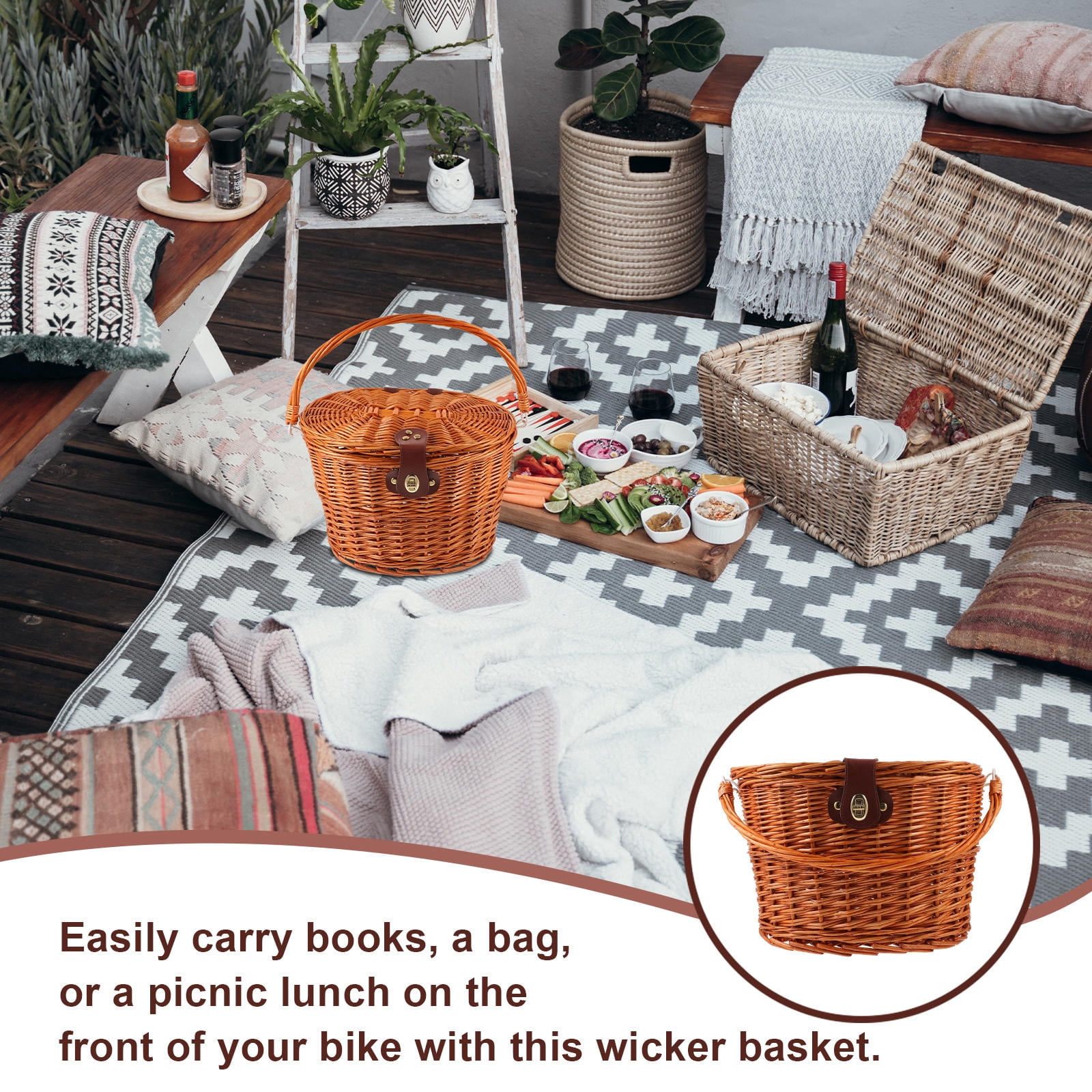 OUNONA Large Brown Front Handlebar Bike Basket with Lid, Natural Wicker Style, Spacious Storage for Cycling Essentials