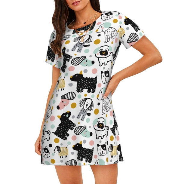 Disketp Funny Puppy para Camisón Corto de Manga Corta para Mujeres, Camisón Cómodo con Escote Redondo, Bonito y Confortable