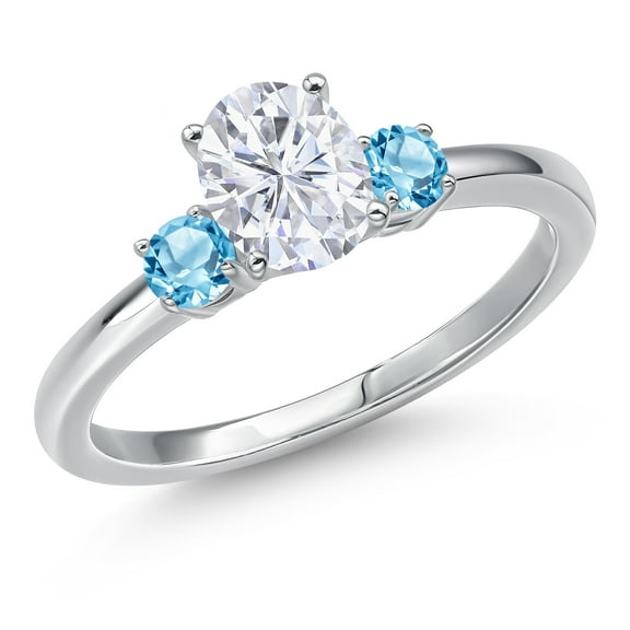 Gem Stone King 14K White Gold Moissanite and Swiss Blue Topaz Engagement Ring for Women | 1.20 Cttw | Oval 7X5MM | Gemstone Birthstone | Size 5