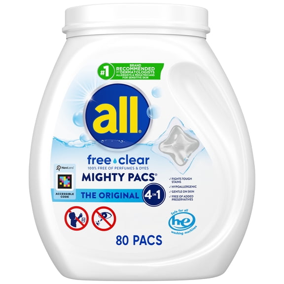 all Free Clear Mighty Pacs Laundry Detergent, for Sensitive Skin, Unscented and Dye Free, 80 Count