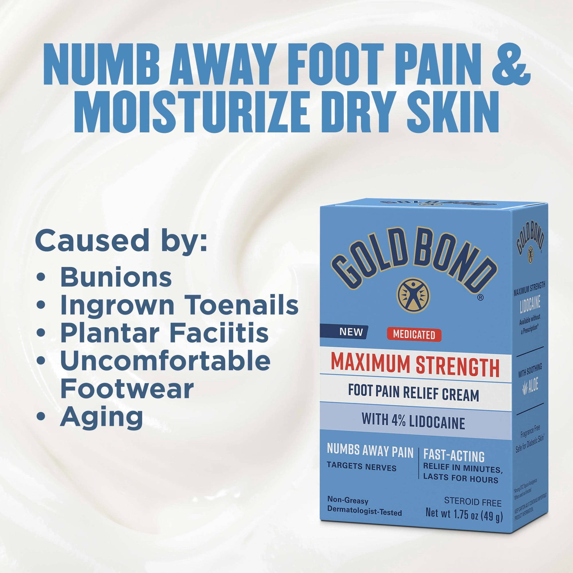 (4 pack) Gold Bond Medicated Foot Pain Relief Cream, Maximum Strength Pain Relief with Lidocaine HCI 4% to Numb Nerve Pain in Feet, Moisturizers and Aloe Soothe Dry Cracked Skin on Heels and Feet, 1.75 oz.