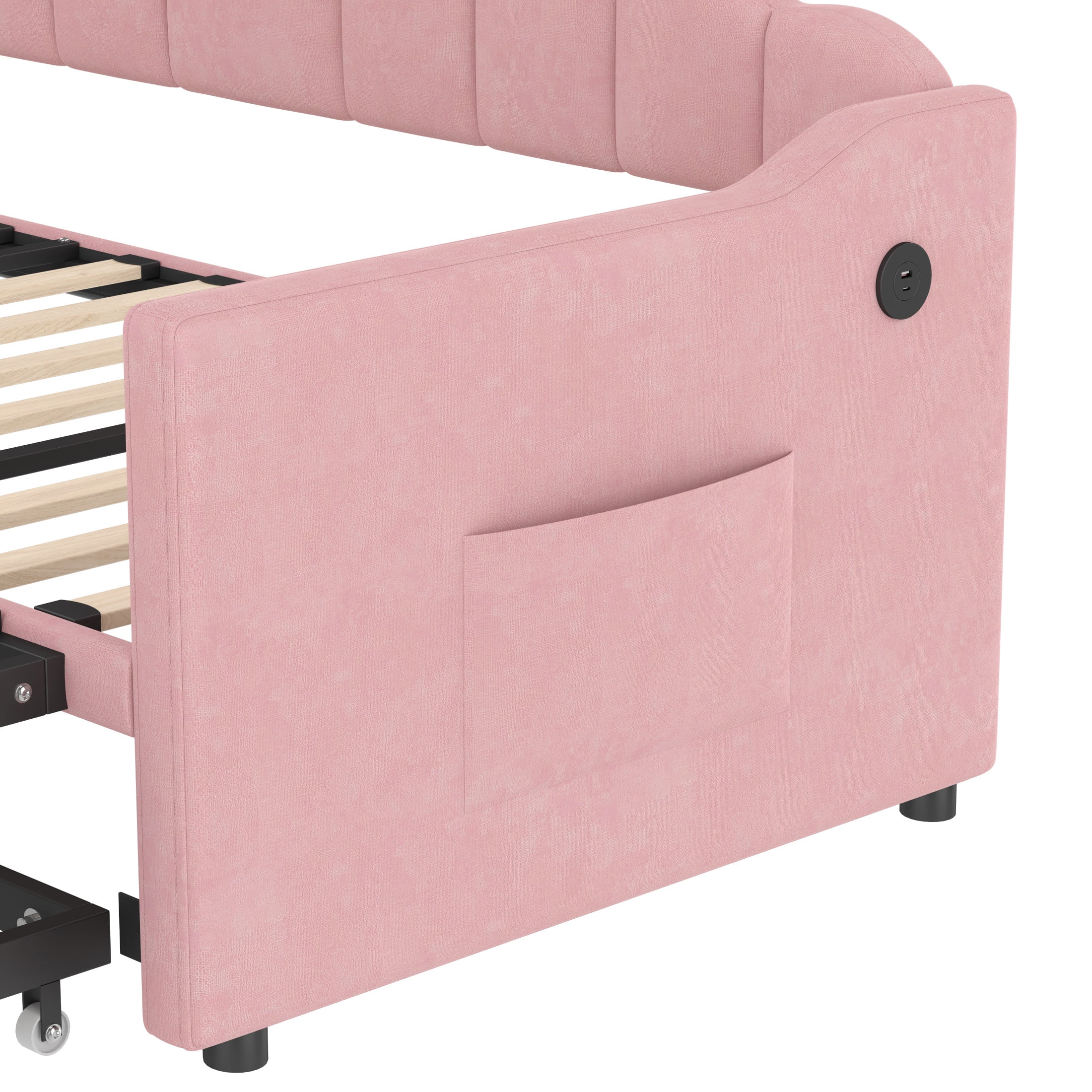 Noble House Upholstered Twin Size Daybed with Adjustable Height Pop Up Trundle Twin Bed and Charging Port 2 Side Pockets,Pink