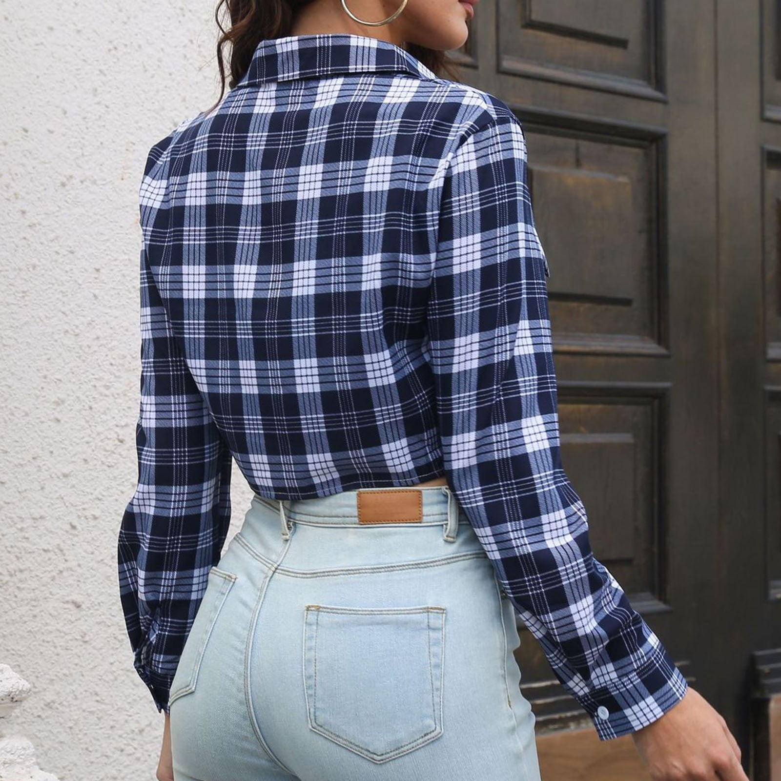 Aboser Womens Cropped Plaid Shirts Long Sleeve Flannel Jackets