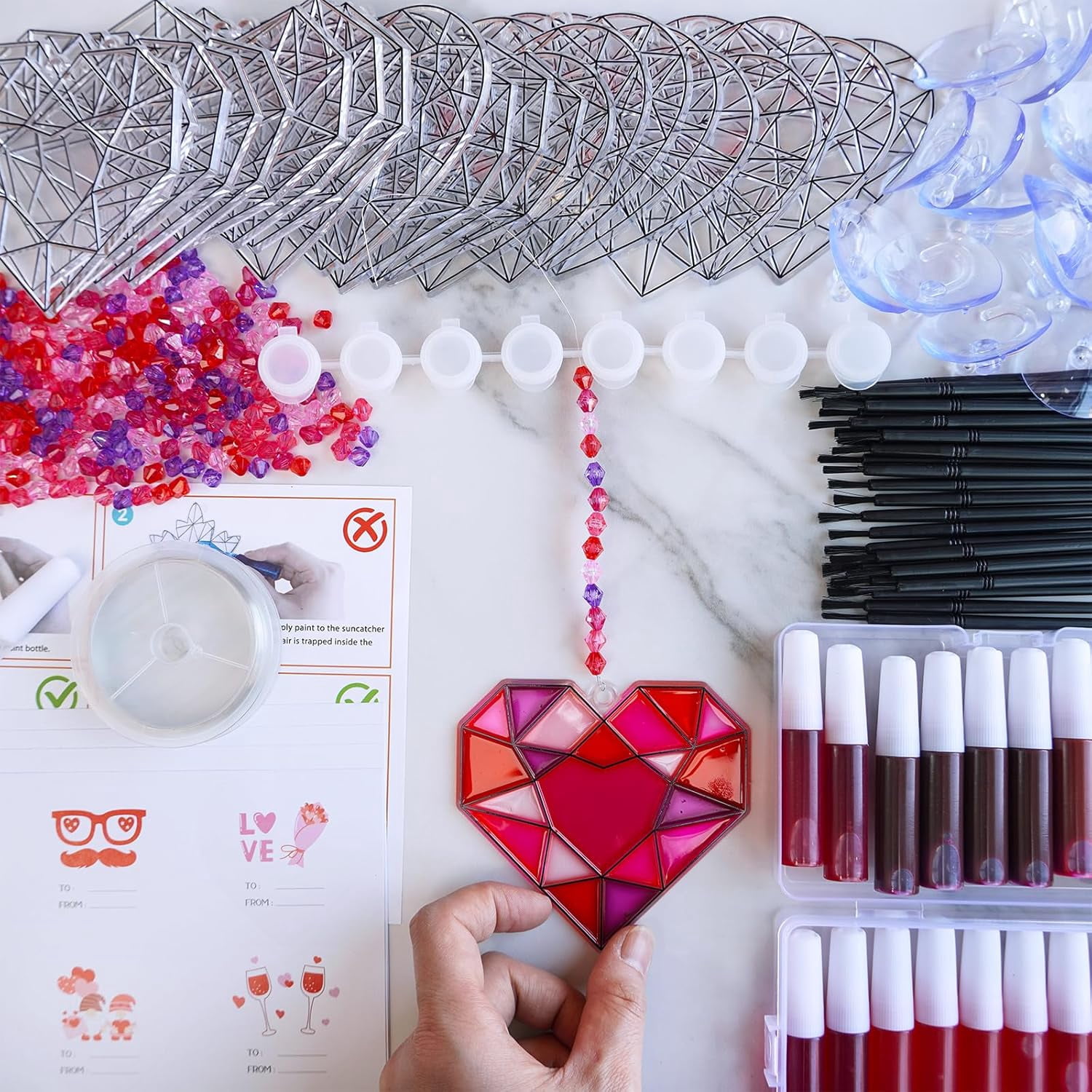 24 Sets Heart Suncatchers Ornaments Decorations DIY Window Paint Art Stickers Craft Kit Heart Sun Catchers for Kids Valentine's Day Pirate-Themed Birthday Activities Art Project Party Favors