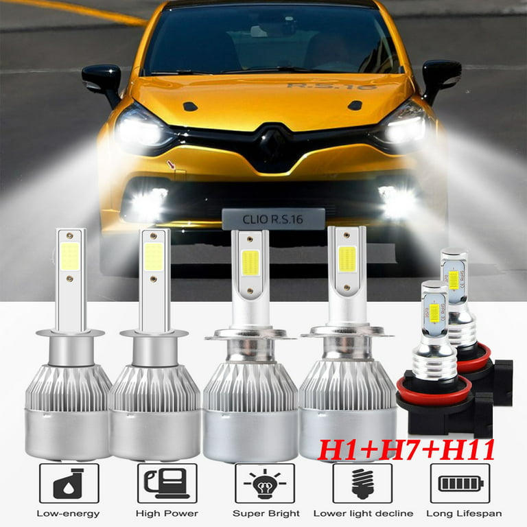 For Renault Clio 2007-2010 Headlights,H1 H7 LED High/Low Beam and H11 Fog  light Bulbs,6pcs 