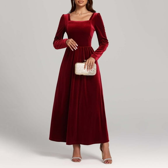 BVOFAR Women's Elegant Velvet Dress Long Sleeve Square Neck A Line Dresses Cocktail Party Evening Dress Solid Color Flowy Maxi Dresses