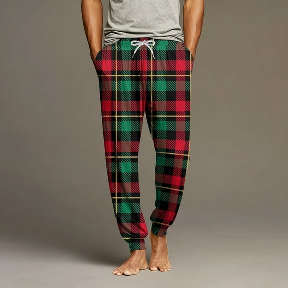 Hogleaql Men's Cotton Pajama Pants Drawstring Lounge Elastic Waist Retro Plaid Printed Bottoms Sleepwear Lightweight Casual Loose Pajama Fall Winter Casual Pjs Pants Pockets Dark Green 3XL