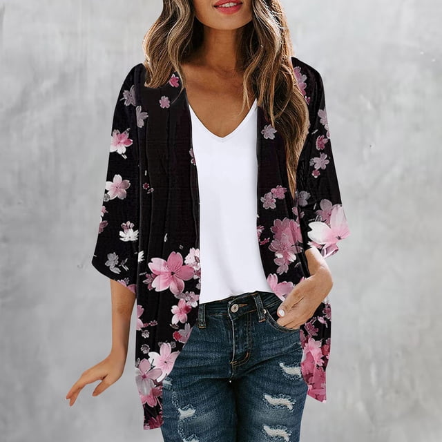Lolmot Hauts d'Été pour Femmes Cardigans pour Femmes Vestes Imprimées à la Mode Vestes Imprimées de Printemps et d'Été Vestes Imprimées à Manches 3/4 Cardigans