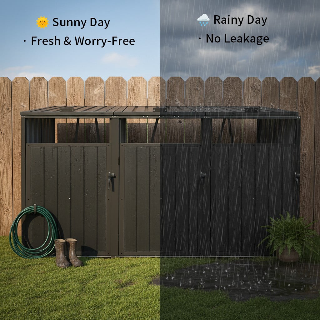 Aukfa 7.3' W Outdoor Garbage Bin Storage, Metal Storage Shed for 3 Trash Cans Tools, Waterproof Trash Can Storage, Black